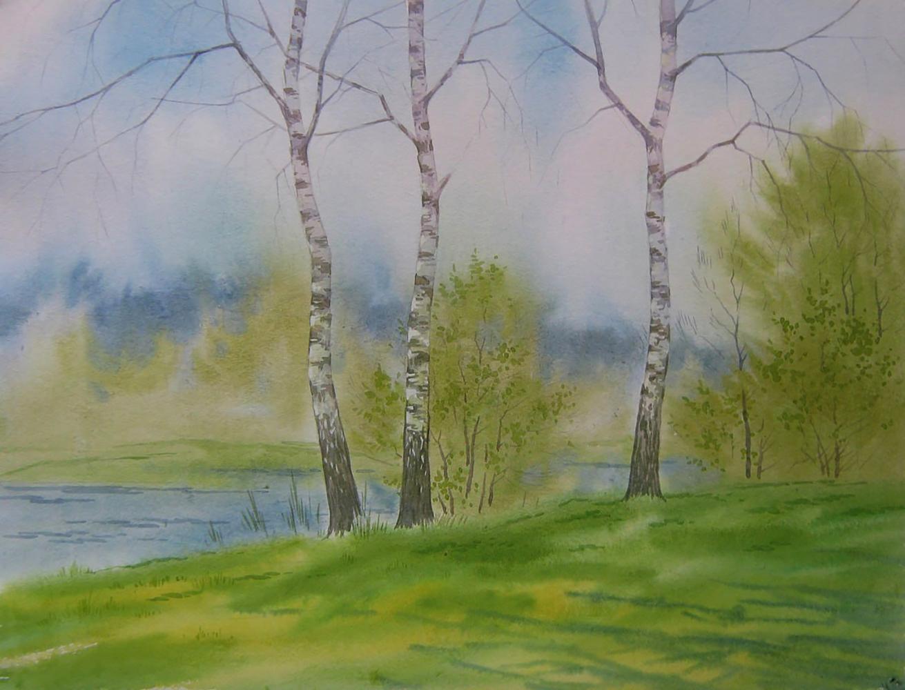 Watercolor painting of coastal birches by Valery Savenets