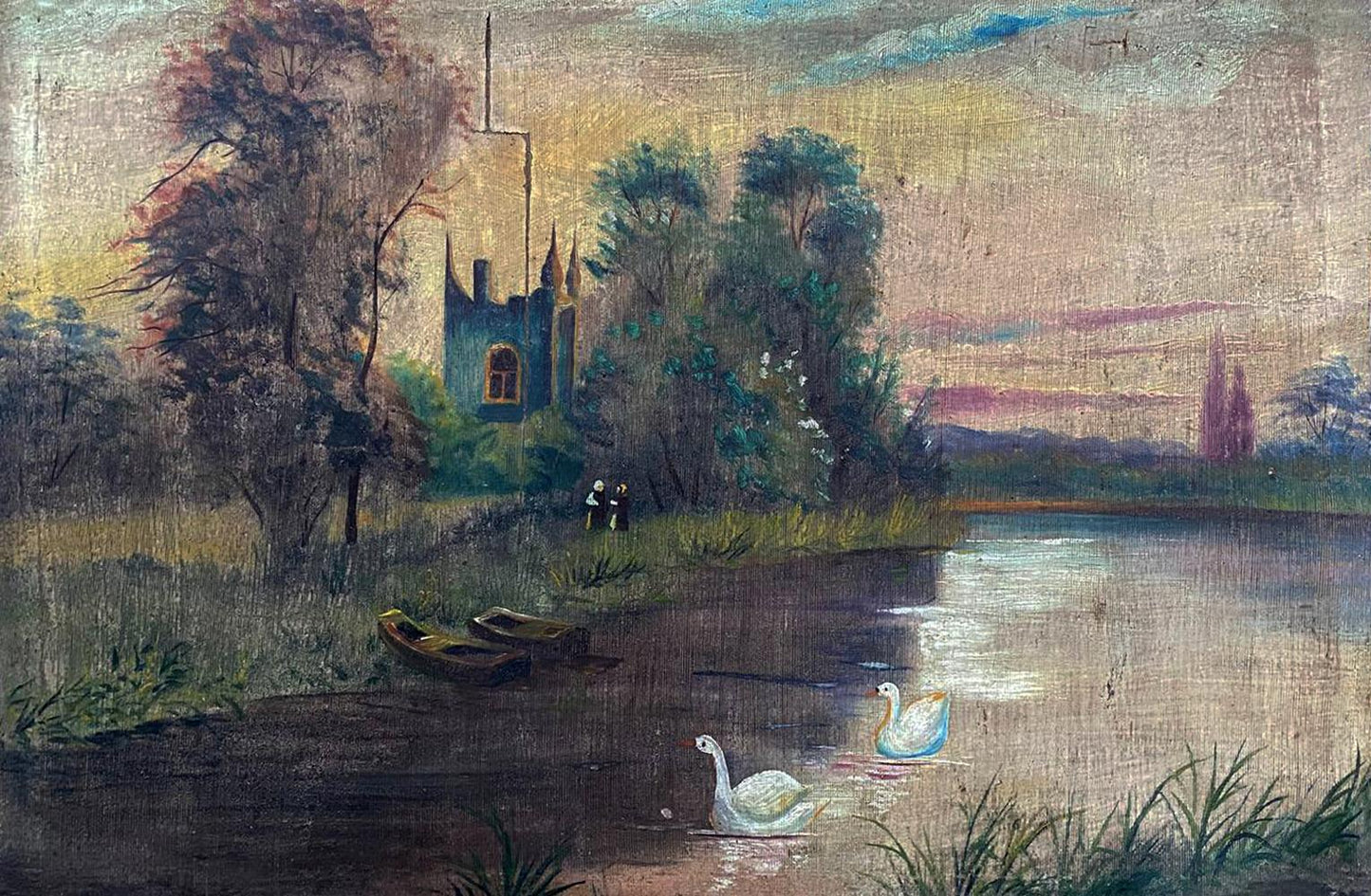 Serene oil painting Near the Monastery: swans on river at twilight