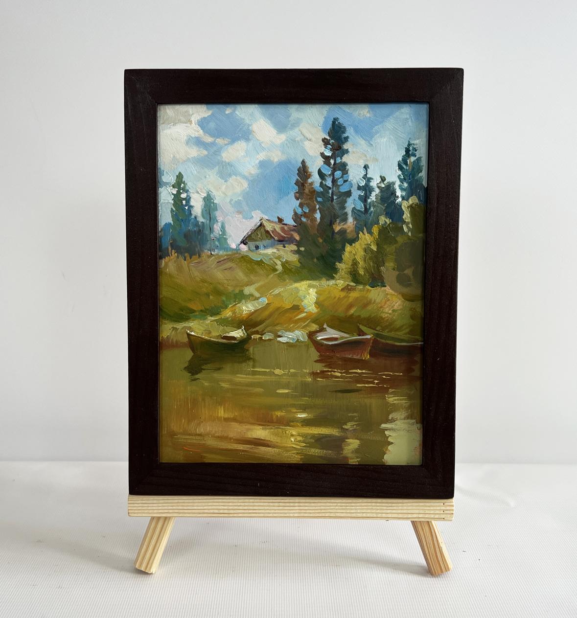 Dark wooden-framed oil painting Silence in nature near the lake by Yuriy Suprunchuk