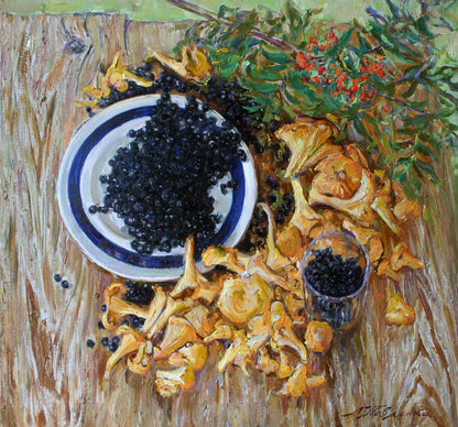 White plate with blue rim filled with black caviar, Pavlenko oil painting