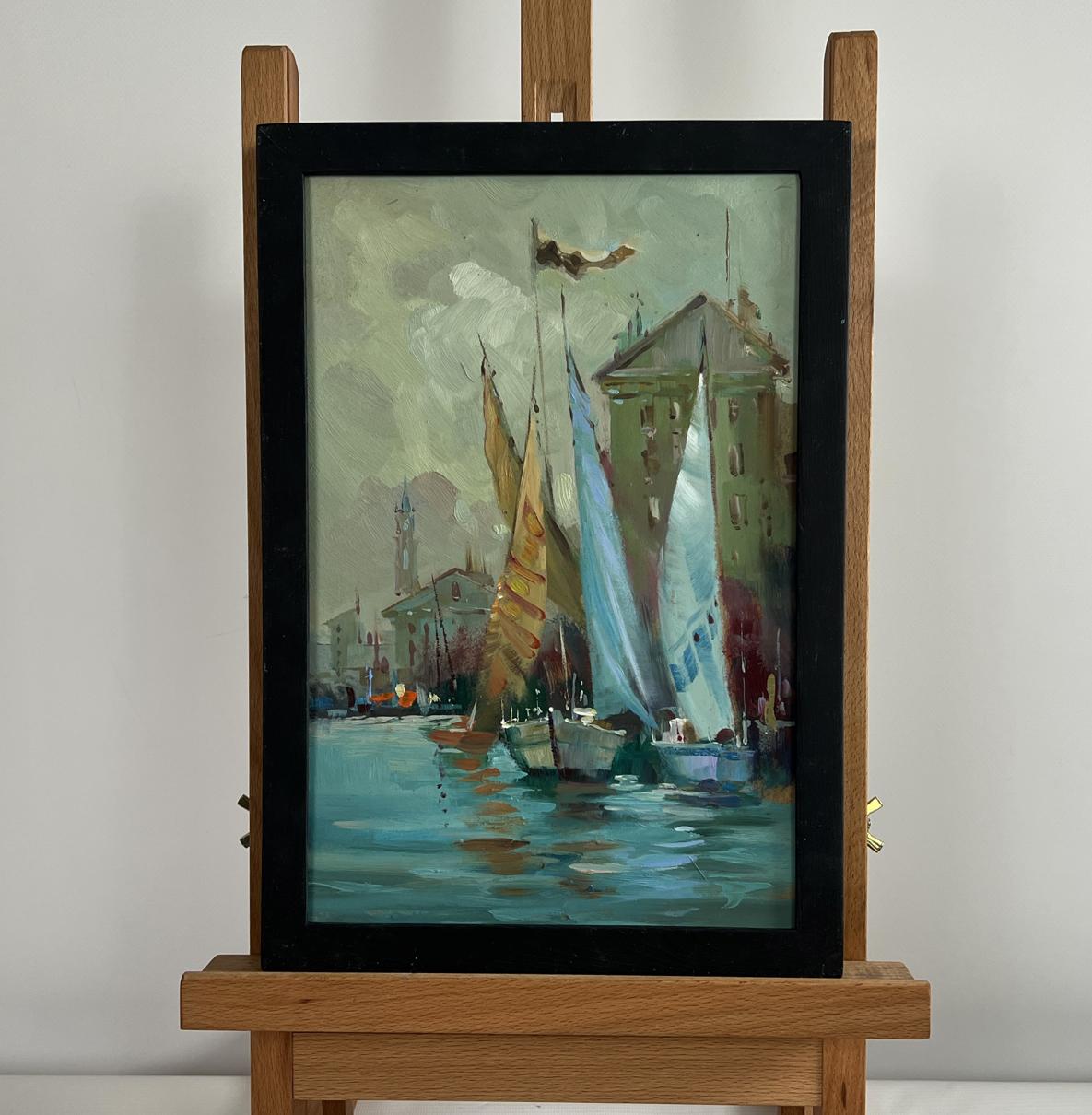 Framed oil painting of quiet Venice harbor sailboats by Yuriy Suprunchuk