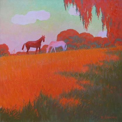 Oil painting Summer evening in meadows by Valery Savenets: reddish-brown and white horses