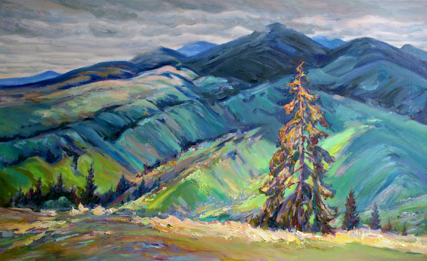 Oil painting Black Mountain by Leonid Pavlenko: tall pine in green valley