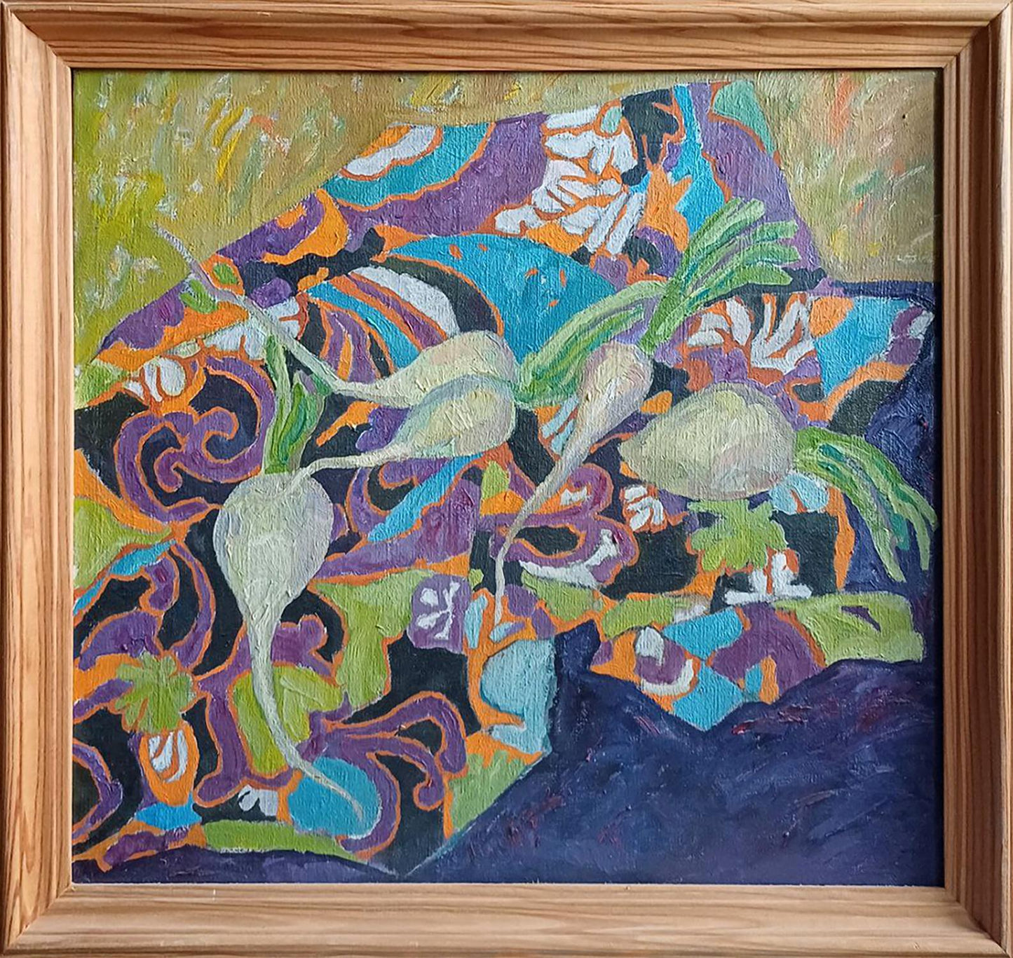 Vibrant oil painting Radish by Tatyana Shulyak with stylized white radishes