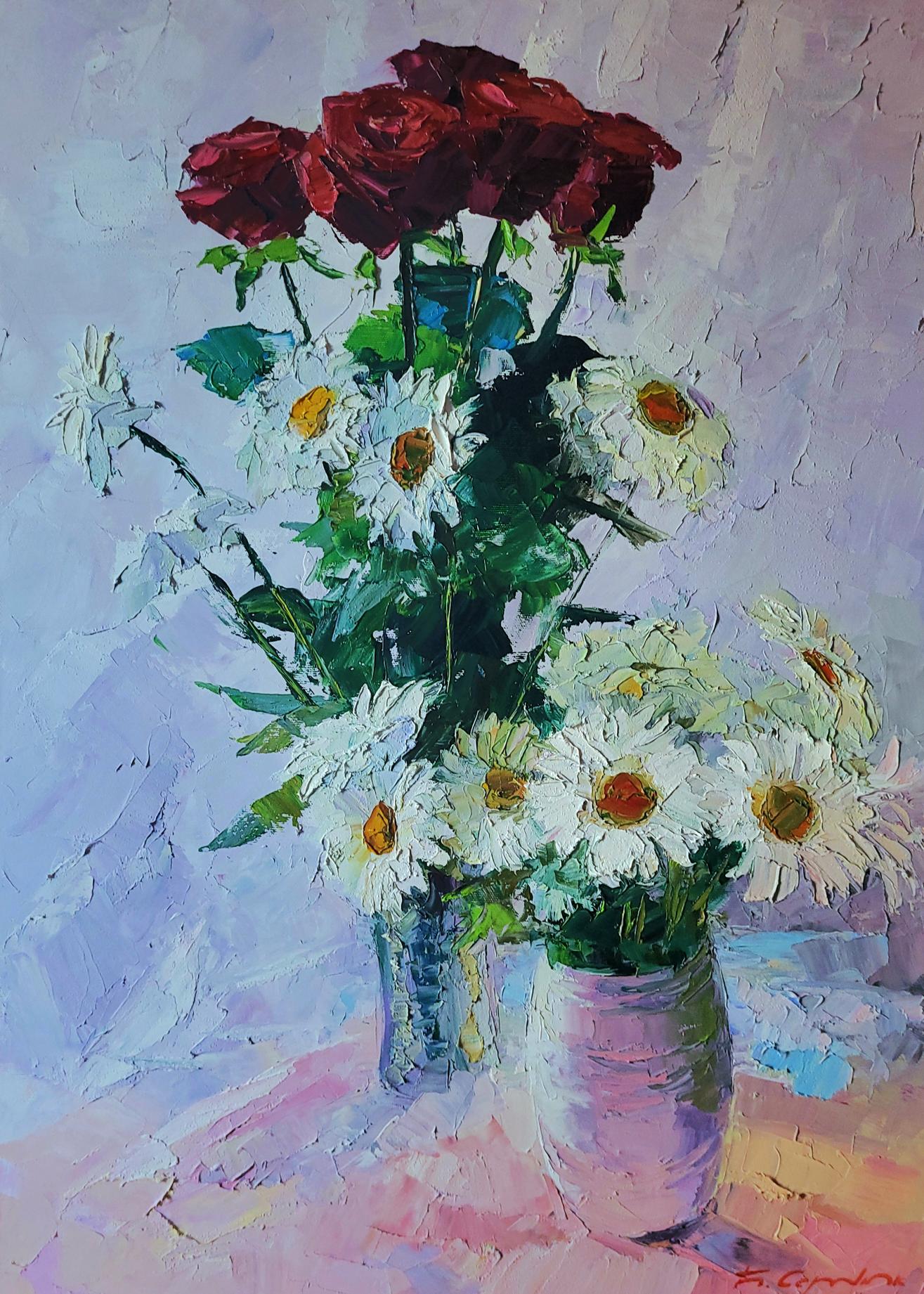Oil painting of Boris Serdyuk bouquet: red roses, white daisies in glass vases