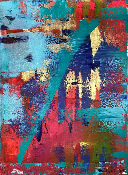 Vibrant Summer Breeze acrylic painting by Olga Melezhik in teal, red, gold