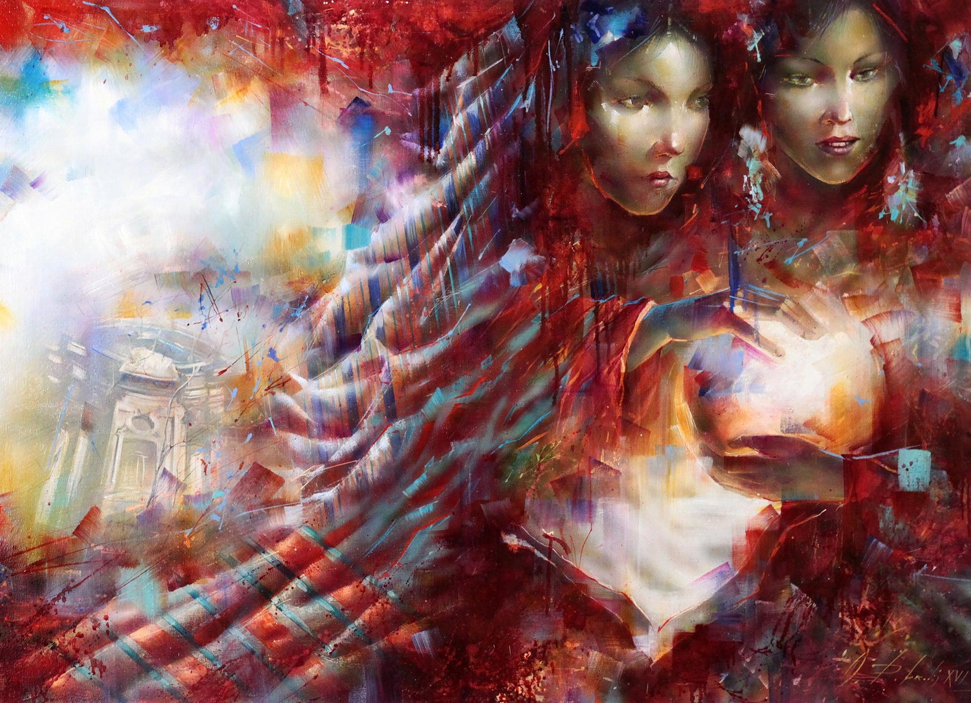 Oil painting Glowing ball by Alexander Dobrodiy with two women in red blue drapery