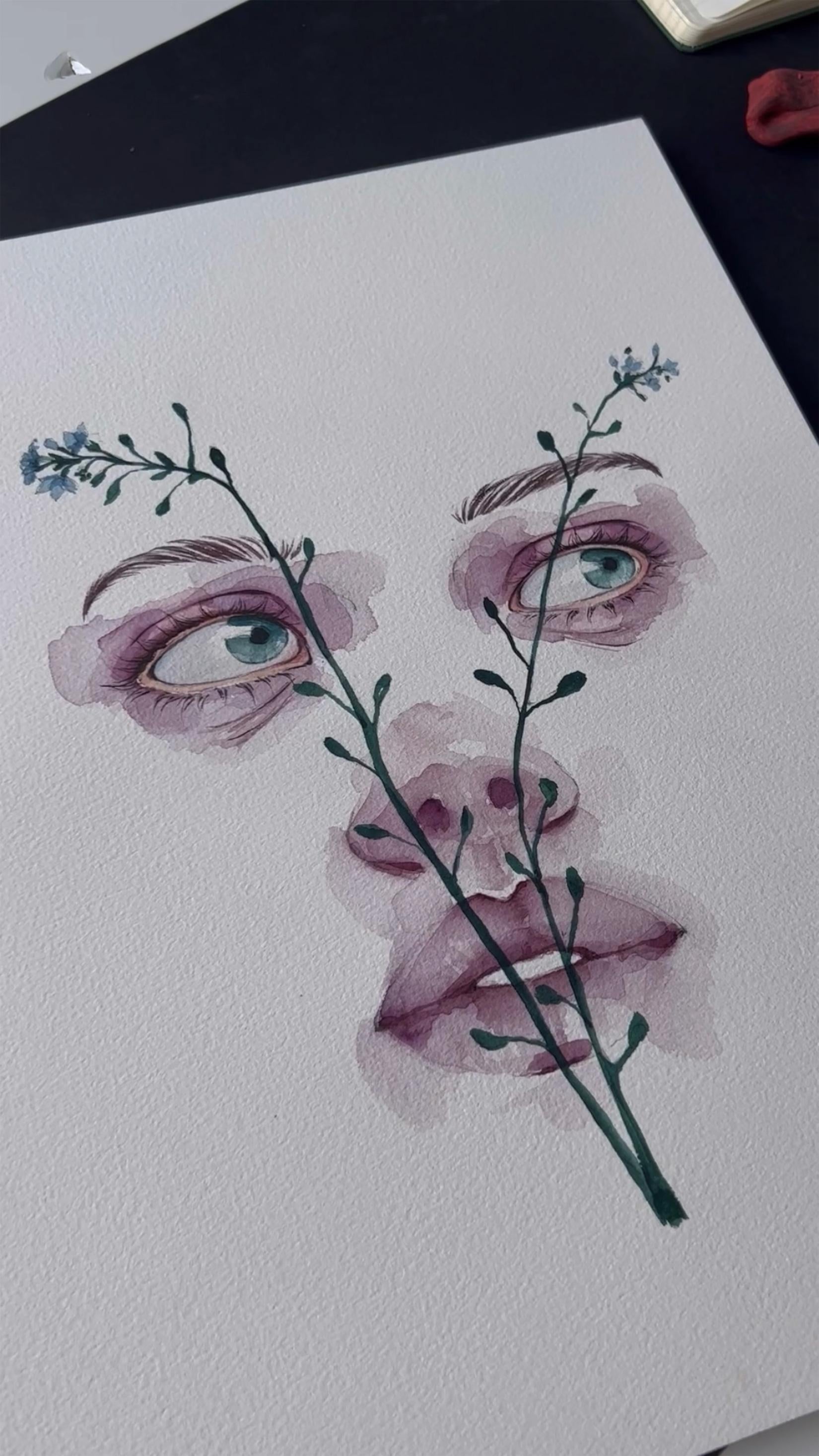 Watercolor portrait Strange Spring by Victoria Kagalovska, pink face with green eyes, blue flowers