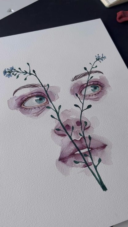 Watercolor portrait Strange Spring by Victoria Kagalovska, pink face with green eyes, blue flowers