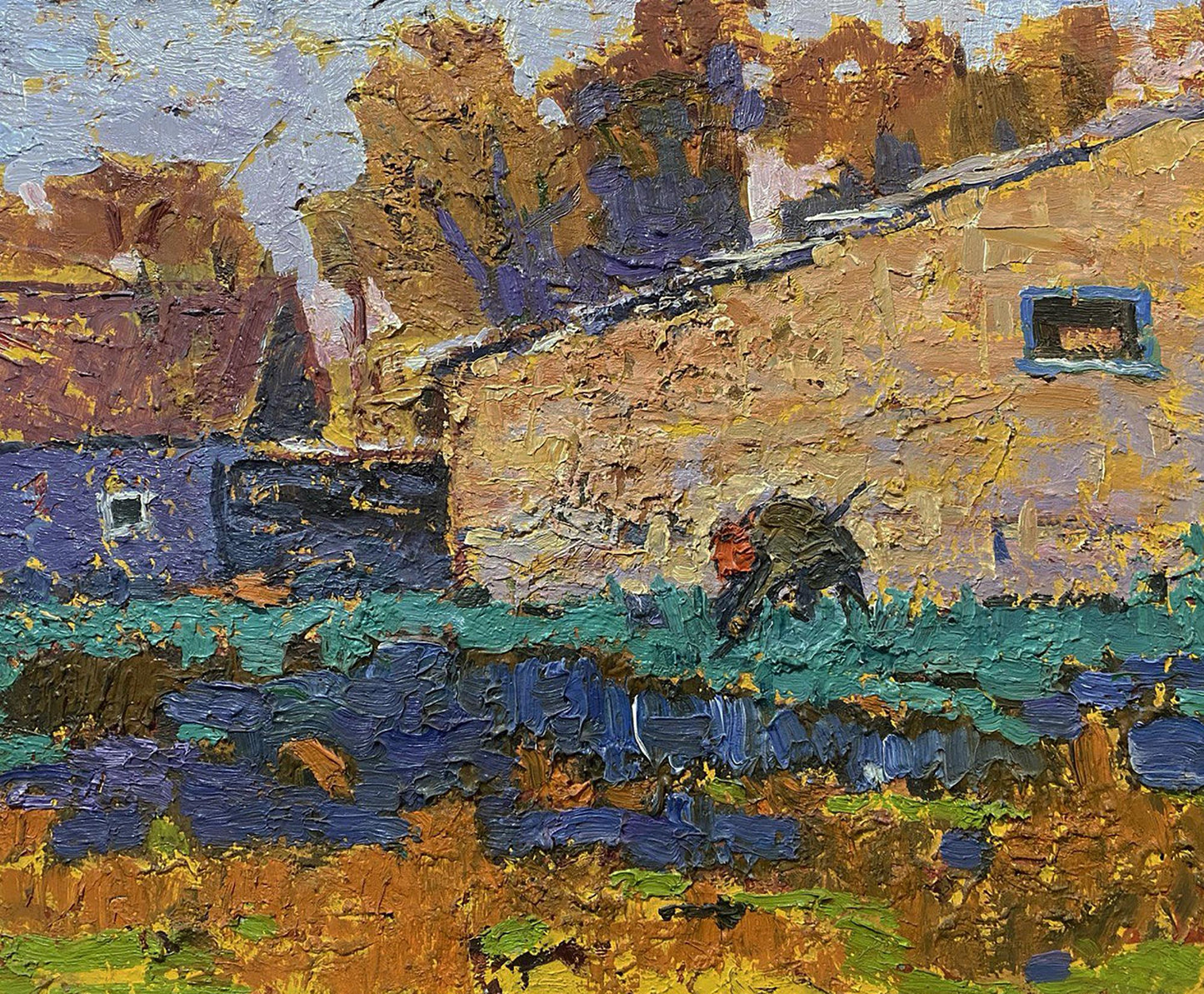 Textured impressionistic oil painting of sunny garden village by Oleksiy Ivanyuk