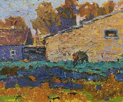 Textured impressionistic oil painting of sunny garden village by Oleksiy Ivanyuk