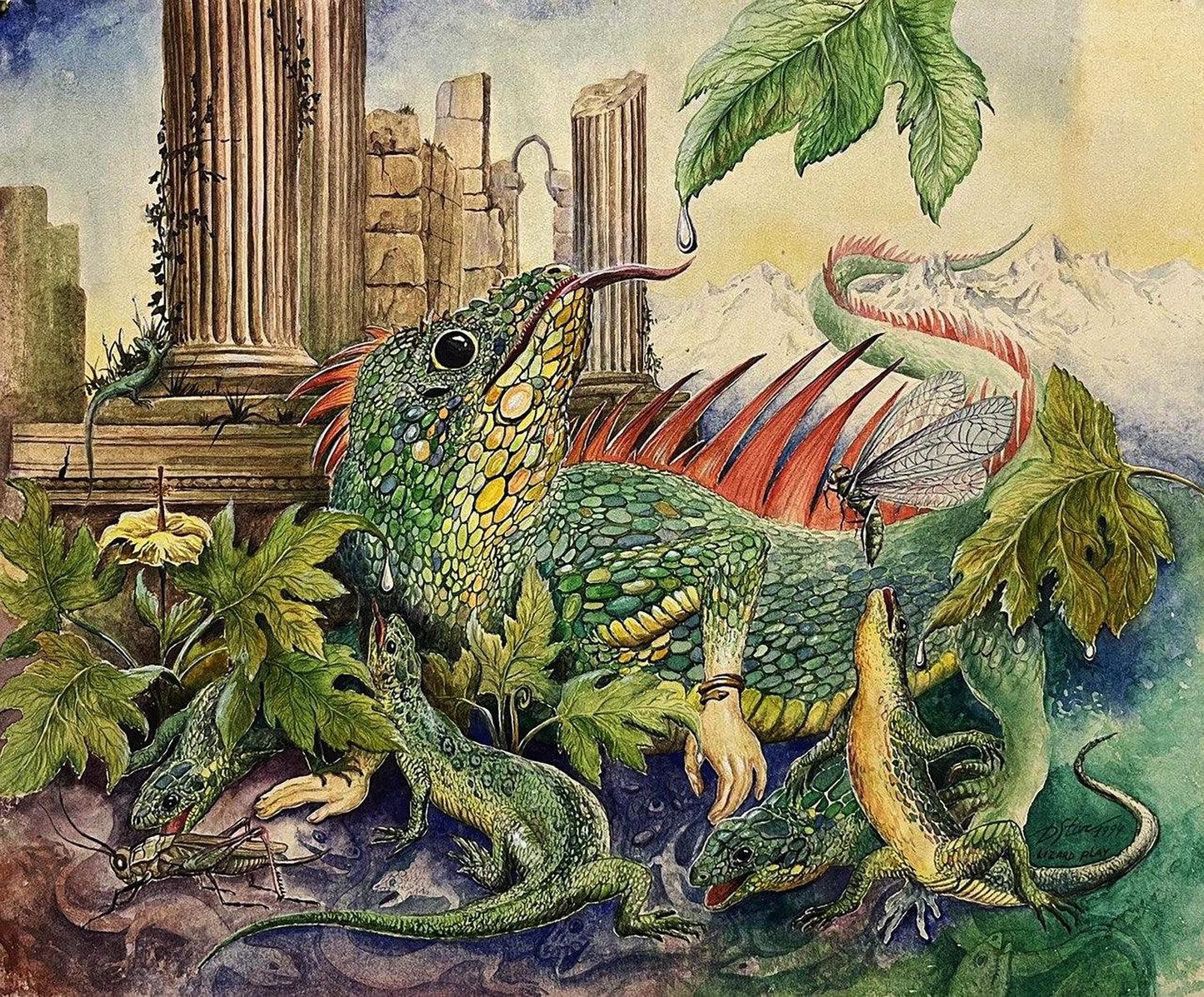 Vibrant green lizard with red spines in Dmytro Startsev watercolor painting