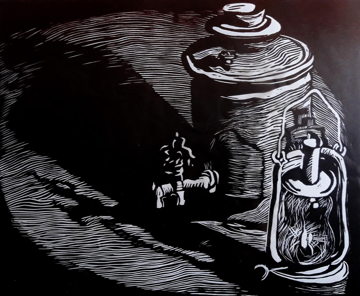 Black-and-white linocut of vintage lantern and dark samovar still life by Vasily Korkishko