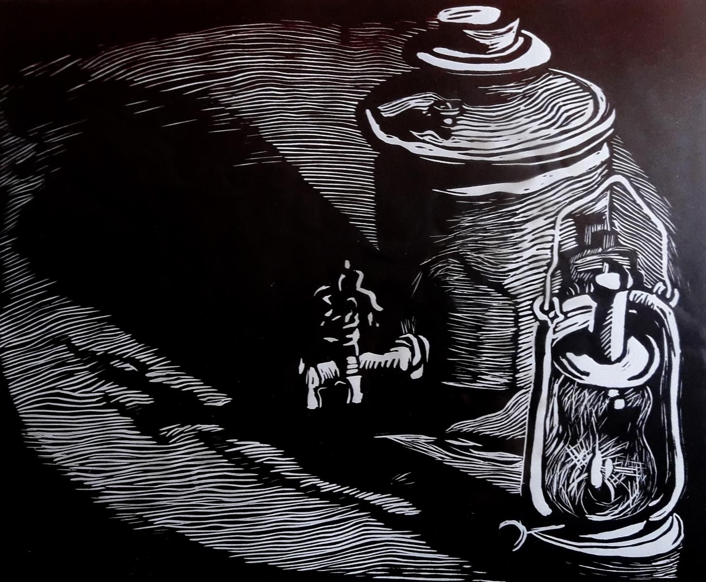 Black-and-white linocut of vintage lantern and dark samovar still life by Vasily Korkishko