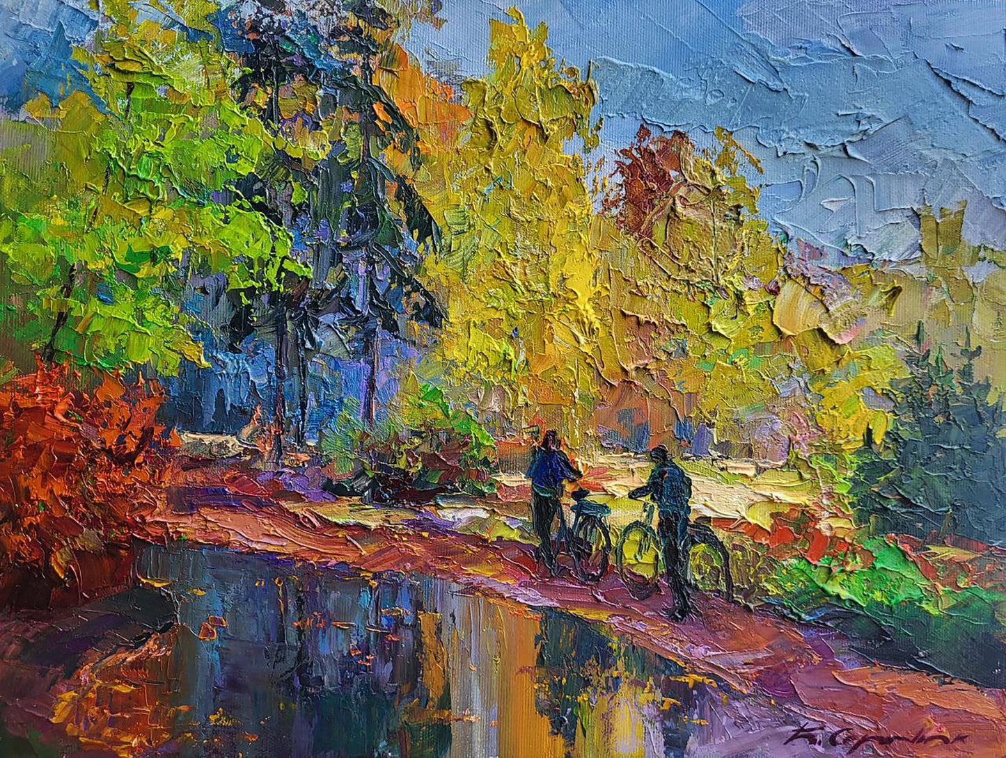 Vibrant impressionist oil painting of mushroom pickers cyclists by Boris Serdyuk