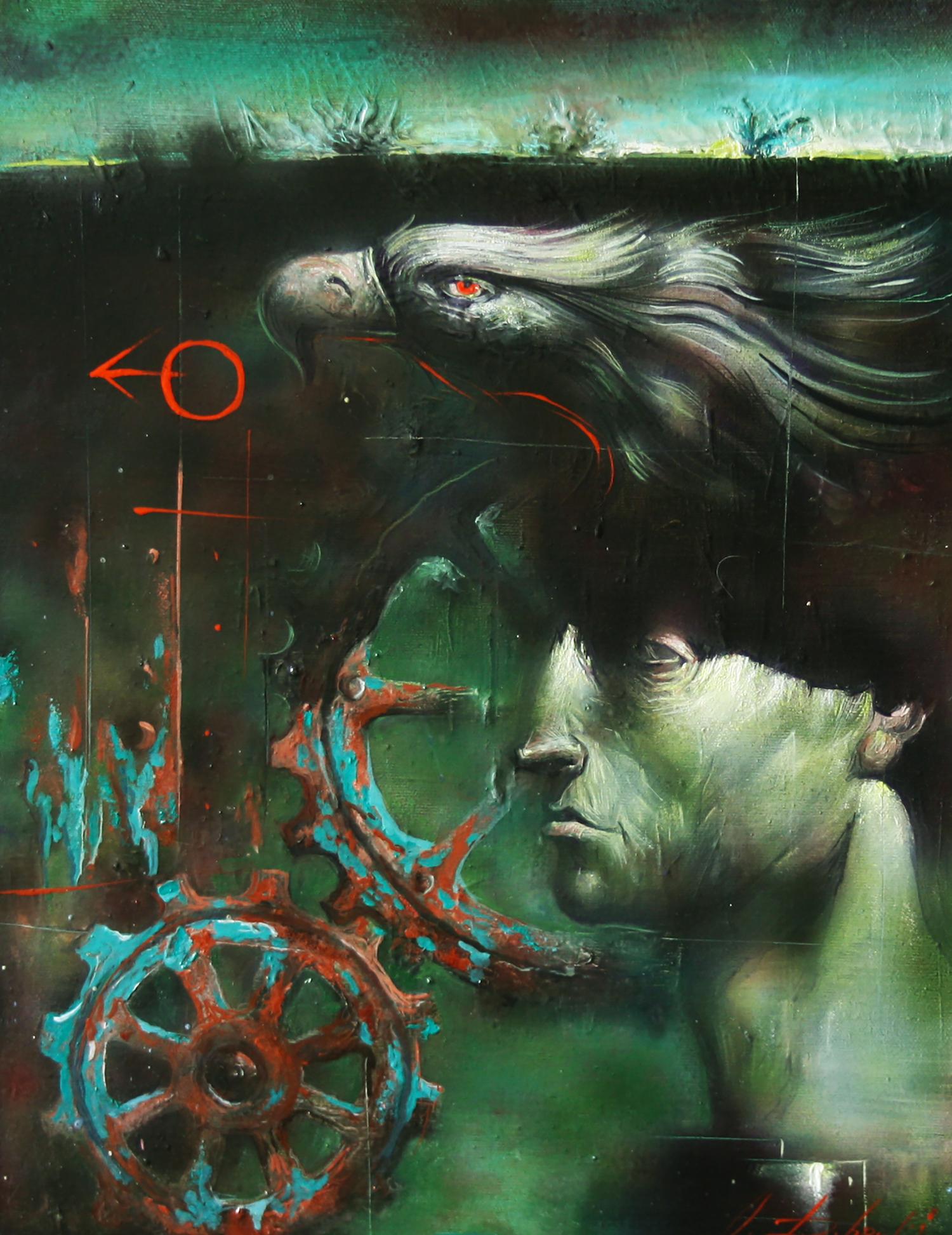 Oil painting Mechanics by Alexander Dobrodiy: green-skinned face with eagle head and gears