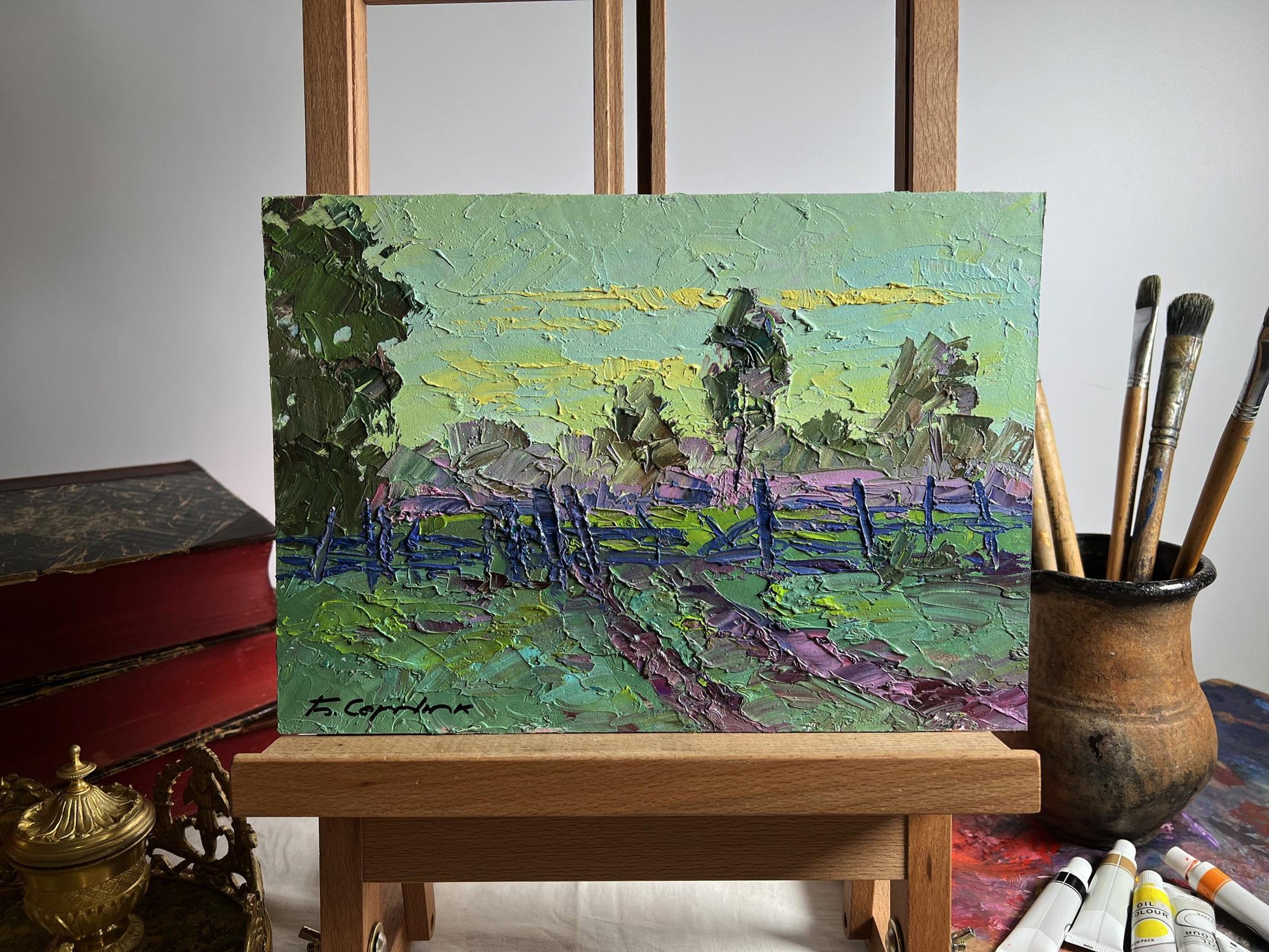 Vibrant oil painting It’s getting dark in the field by Boris Serdyuk, pastoral landscape