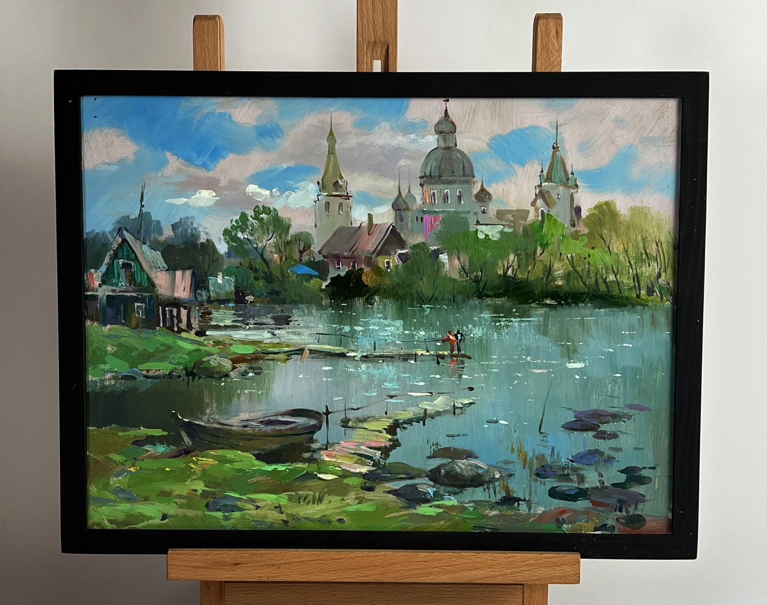 Framed oil painting of river near church by Yuriy Suprunchuk