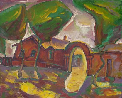 Oil painting by Oleksandr Andreev: vibrant red brick house amid lush trees