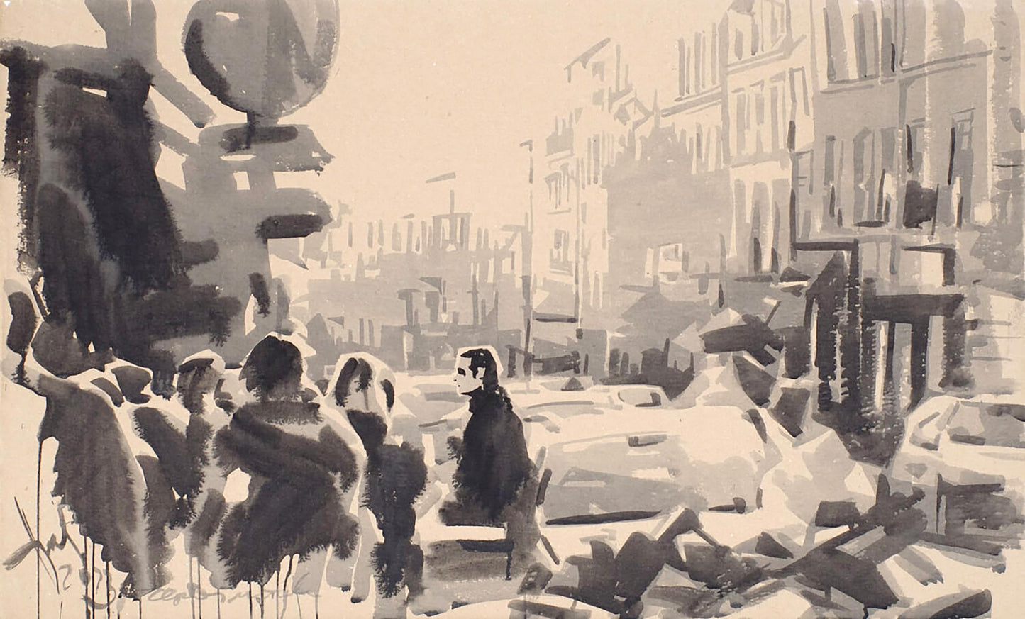 Monochromatic watercolor city street by Dima Filatov, urban ink motives
