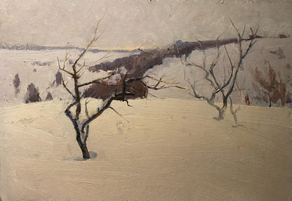 Oil painting Winter landscape by Georgiy Petrov: snowy scene with bare trees