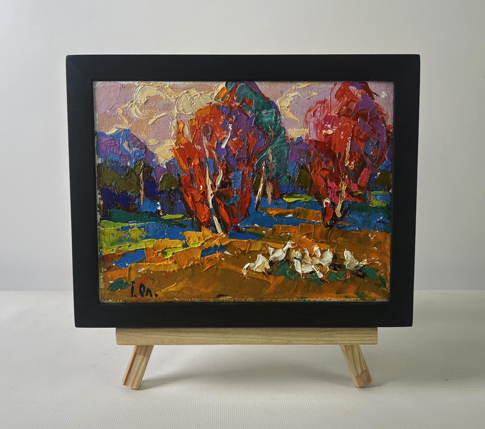 Oil painting Autumn touches the field by Oleksiy Ivanyuk in black frame