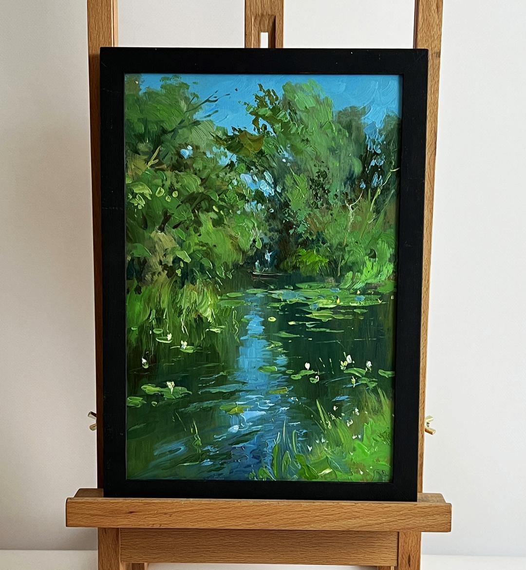 Vibrant impressionist oil painting of Yuriy Suprunchuk forest summer lake with lily pads