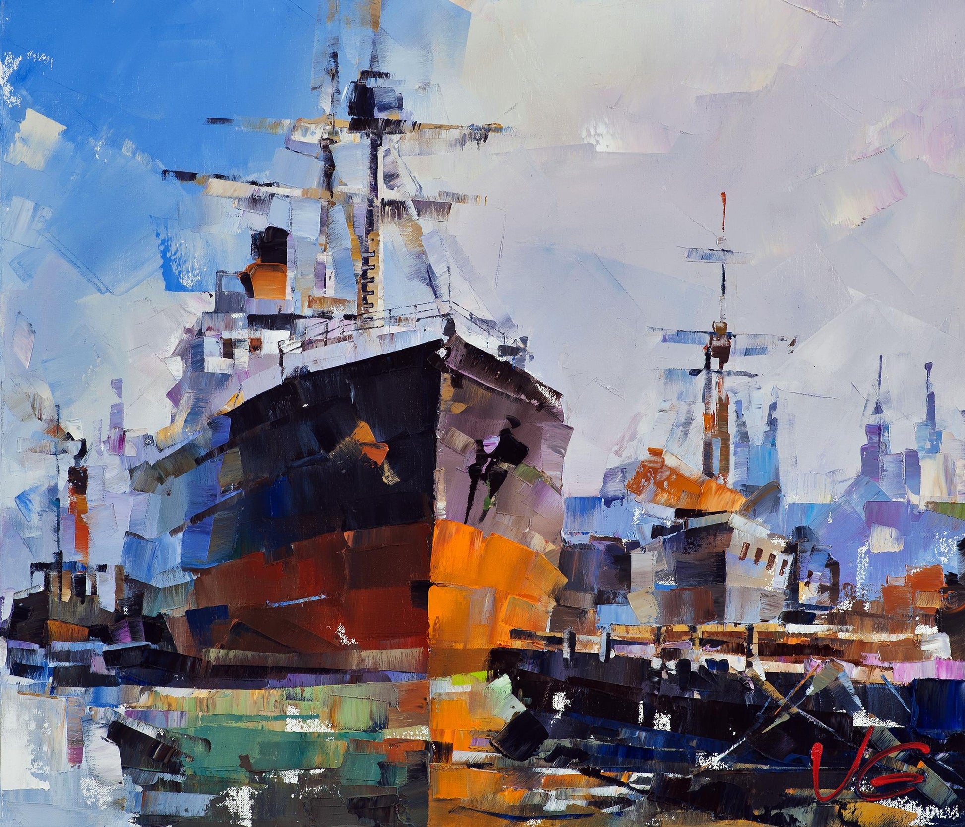 Oil painting Ships at the old lighthouse by Volodymyr Gluhomanyuk