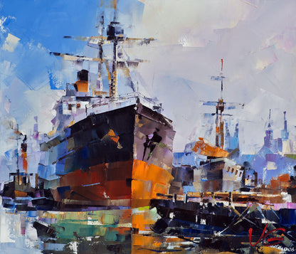 Oil painting Ships at the old lighthouse by Volodymyr Gluhomanyuk