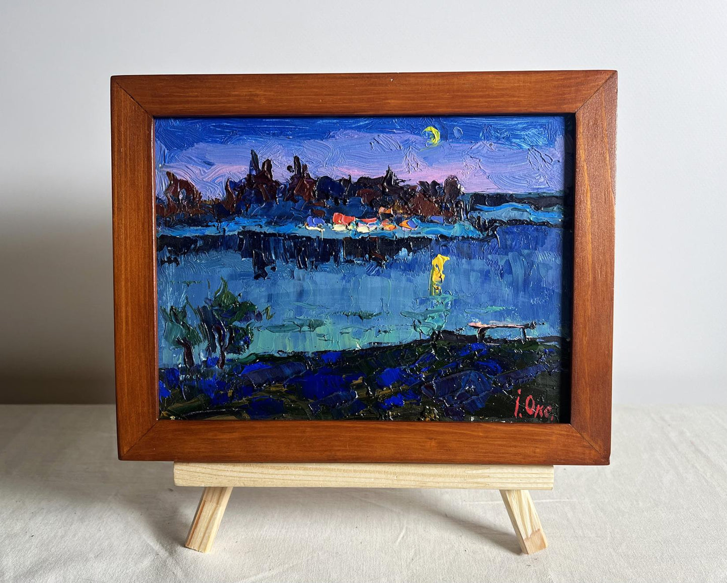 Oil painting Moon over the river by Oksana Ivanyuk lakeside twilight scene