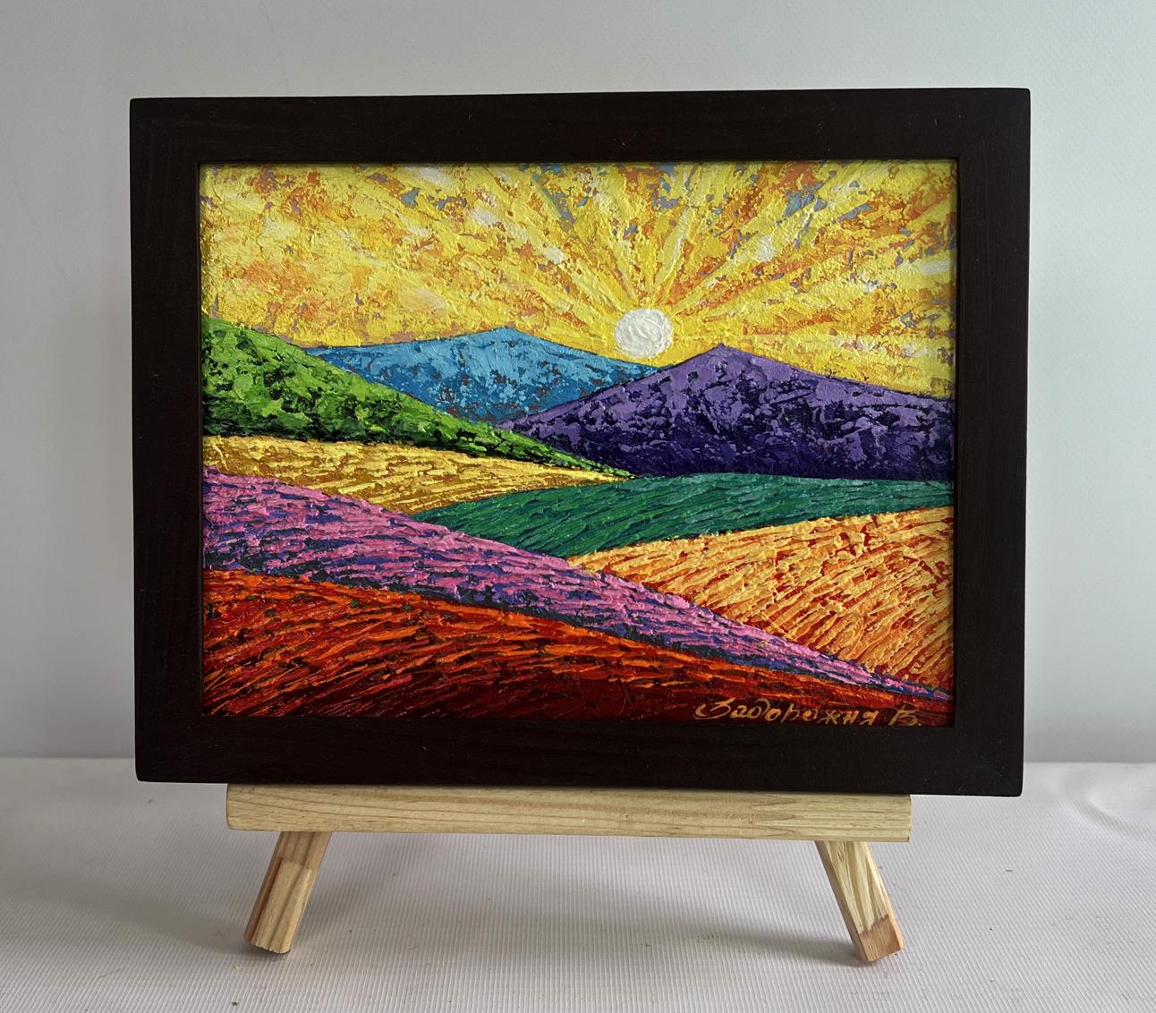 Oil painting Horizon in evening sun lights by V. Zadorozhnya, vibrant hills and mountains framed
