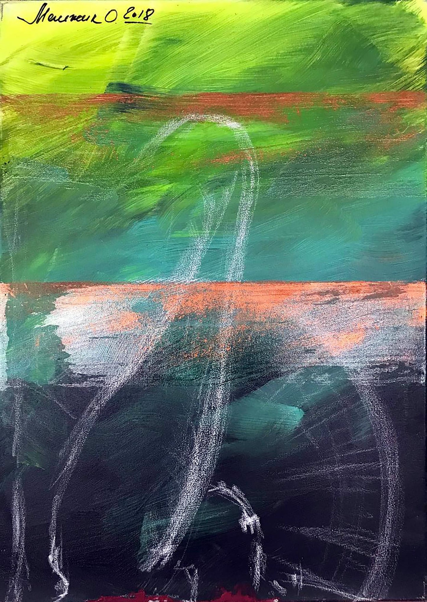 Acrylic painting Joy Olga Melezhik with bold green teal orange strokes on dark background