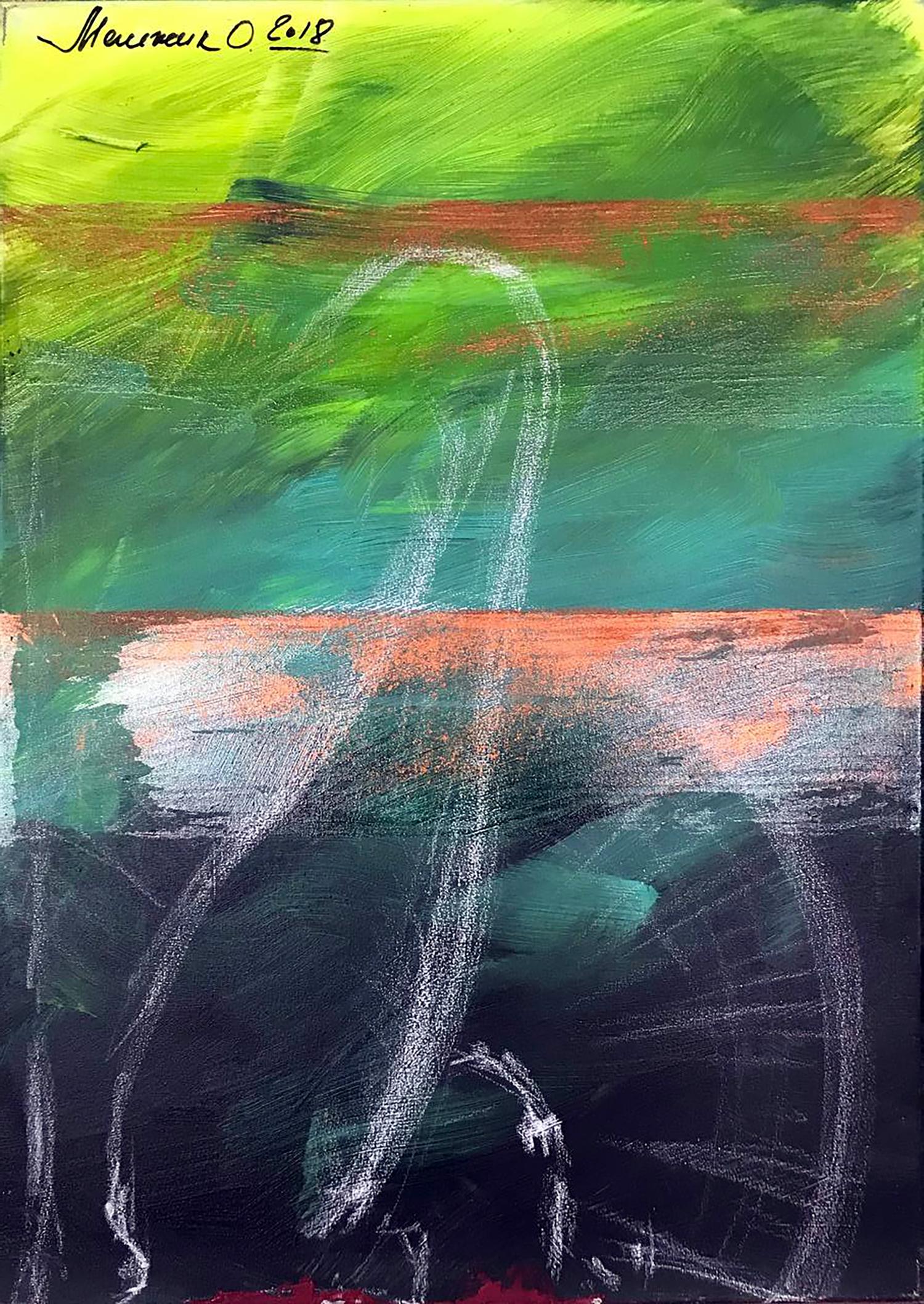 Acrylic painting Joy Olga Melezhik with bold green teal orange strokes on dark background