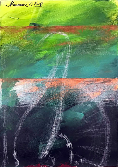 Acrylic painting Joy Olga Melezhik with bold green teal orange strokes on dark background
