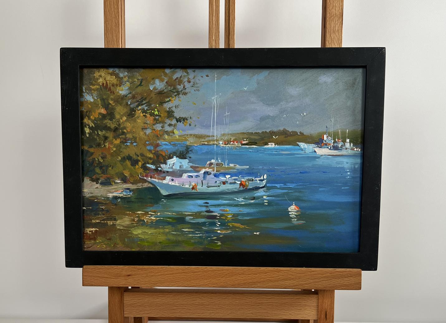 Framed oil painting A storm is coming by Yuriy Suprunchuk serene harbor scene