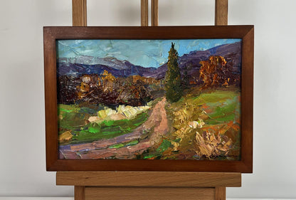 Oil painting Autumn road to the mountains by Boris Serdyuk in wooden frame
