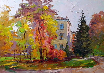 Vibrant impressionist oil painting by Boris Serdyuk: autumn cityscape house in trees