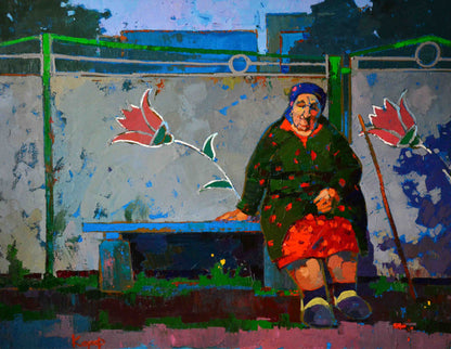 Oil painting of Grandma at the gate by Natalia Korf-Ivaniuk
