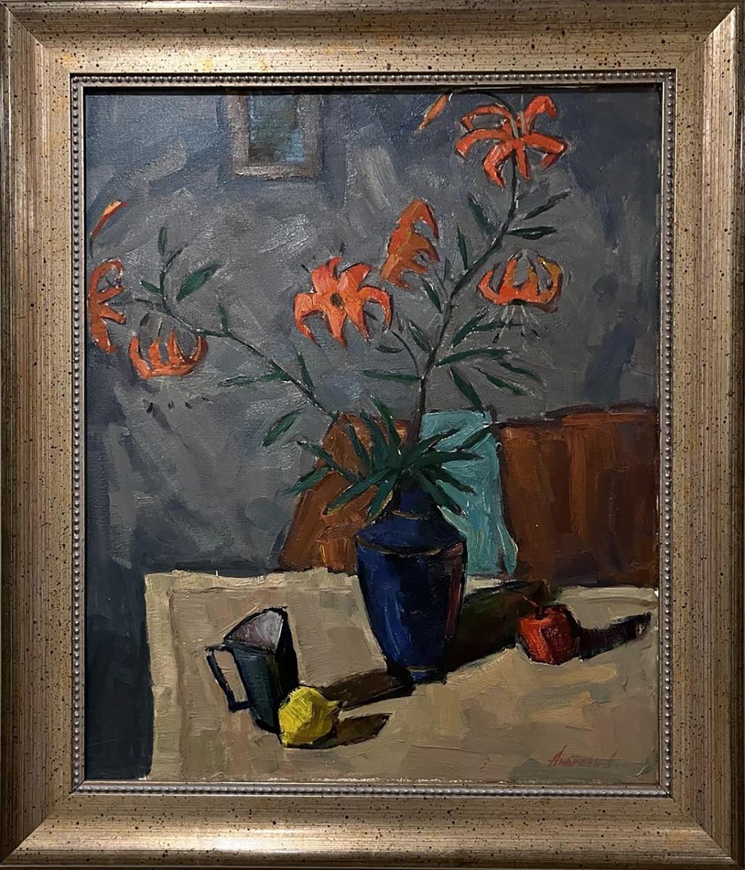 Oil painting of vibrant orange lilies in blue vase by Oleksandr Andreev