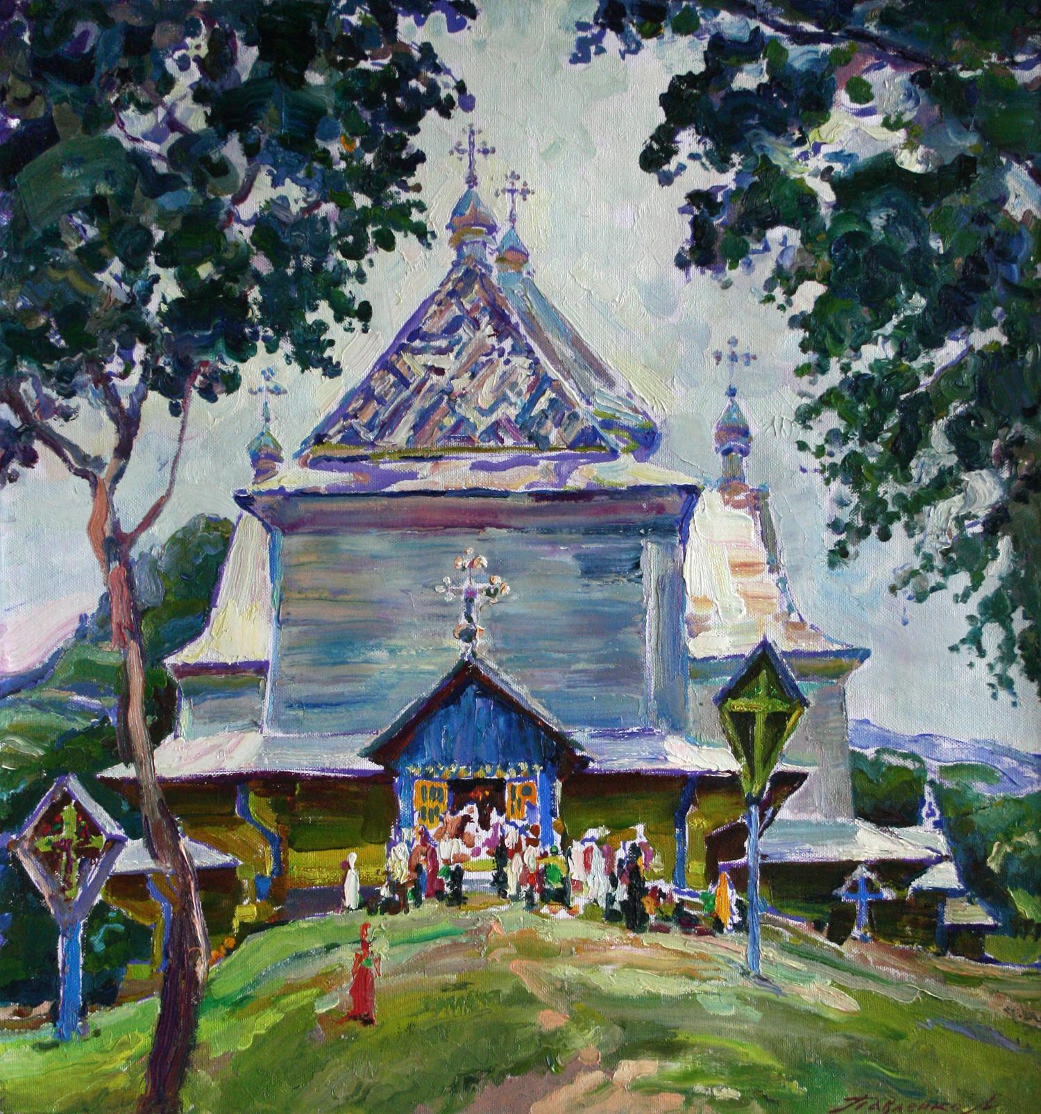 Oil painting Holiday by Leonid Pavlenko: vibrant wooden church with blue roof and golden domes