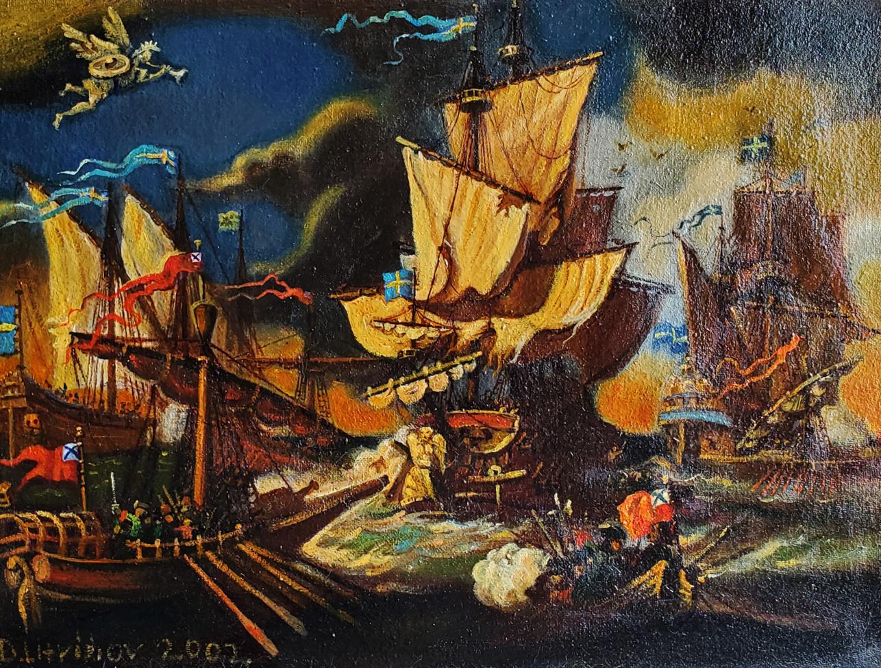 Dramatic oil painting of naval battle by Daniil Litvinov, stormy sky