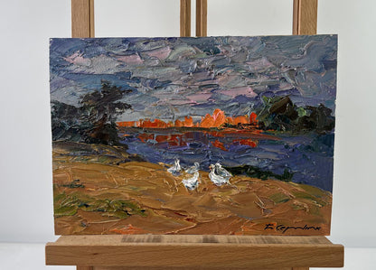 Oil painting Geese in the Yard by Boris Serdyuk serene lakeside scene