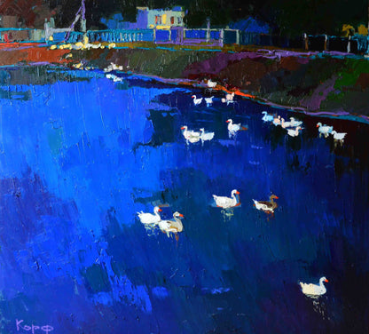 Oil painting of goslings in lake by Natalia Korf-Ivaniuk