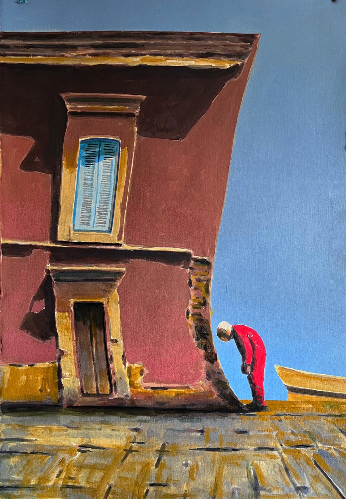 Vibrant red-clad figure by Juan Angel Gonzalez de la Calle bending by stone wall