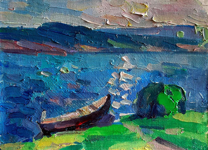 Oil painting of lonely boat on river bank by Pavel Dobrev