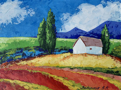 Oil painting of white mountain house by V. Zadorozhnya in green fields