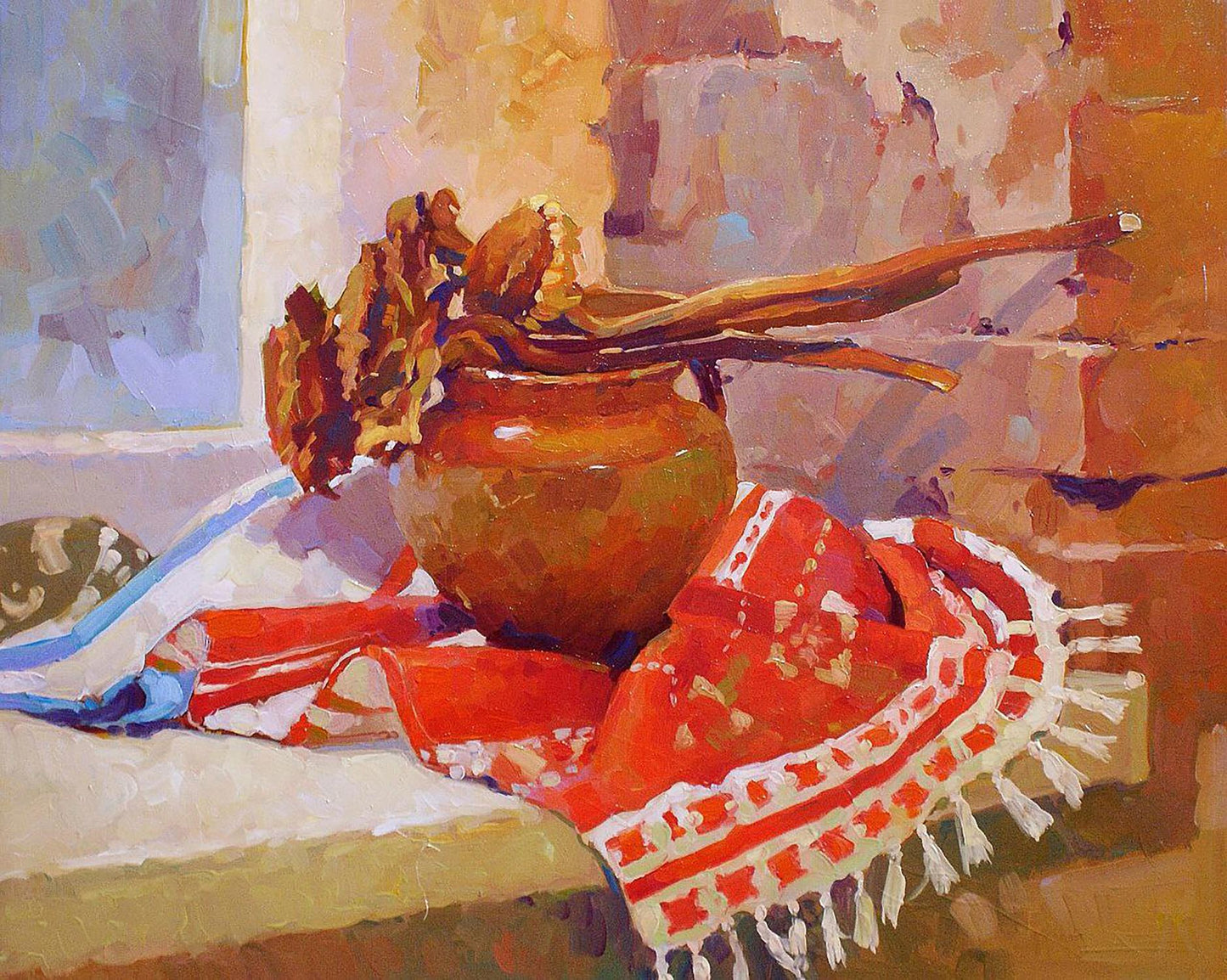 Oil painting of rustic terracotta pot on red white cloth by Anastasia Yaroshevich