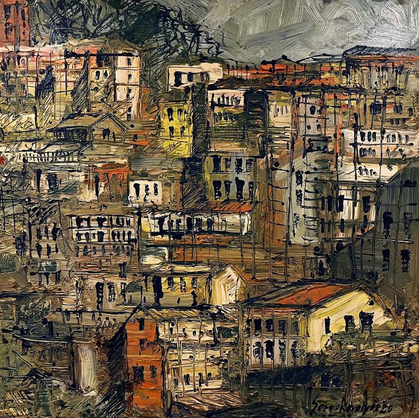 Oil painting of multi-level city by Serhiy Kovalev, impressionistic urban landscape