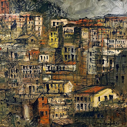 Oil painting of multi-level city by Serhiy Kovalev, impressionistic urban landscape