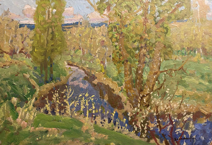 Oil painting April by Georgy Kolosovsky: sunlit forest stream